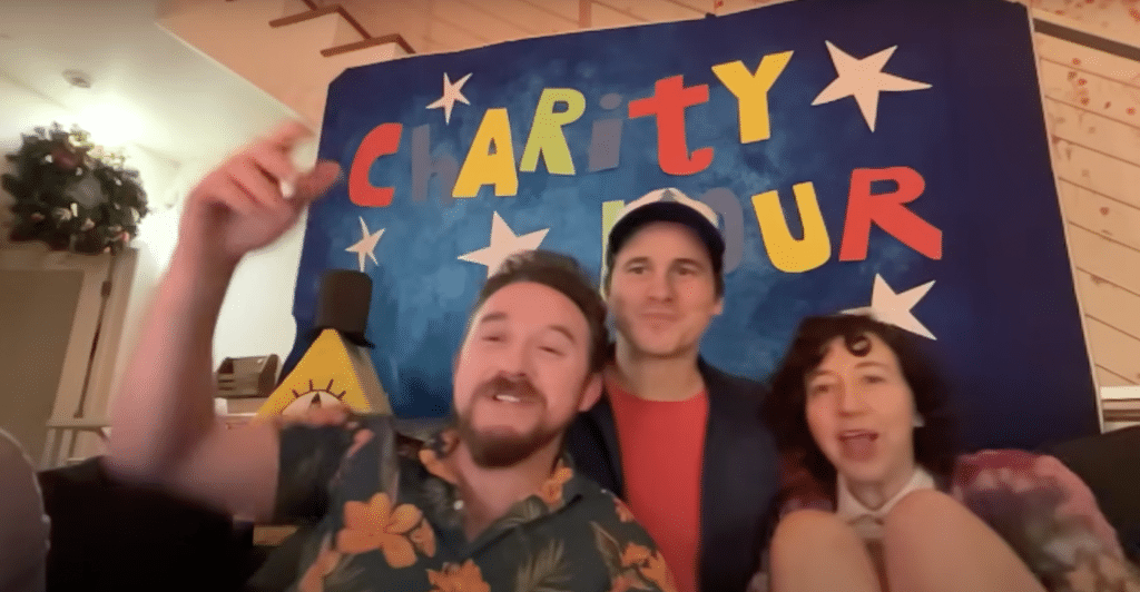Gravity Falls creator Alex Hirsch (left) was joined by Jason Ritter (center) and Kristen Schaal (right) for the live stream.